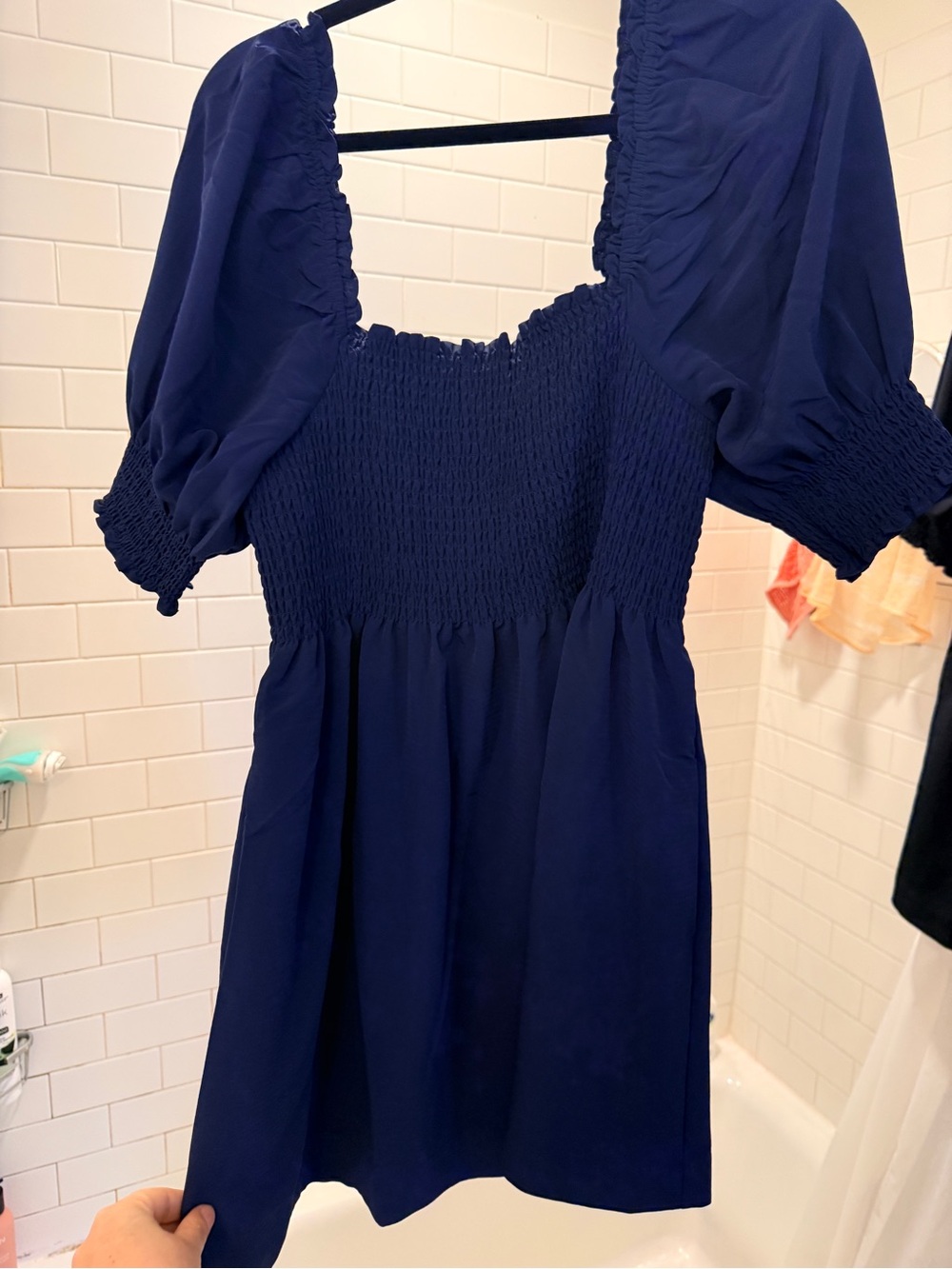 Hill House Home The Nap Dress Navy Smocked Puff Sleeve Mini Dress L